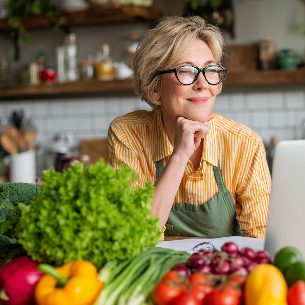 50 years old woman planning healthy meals with fresh vegetables