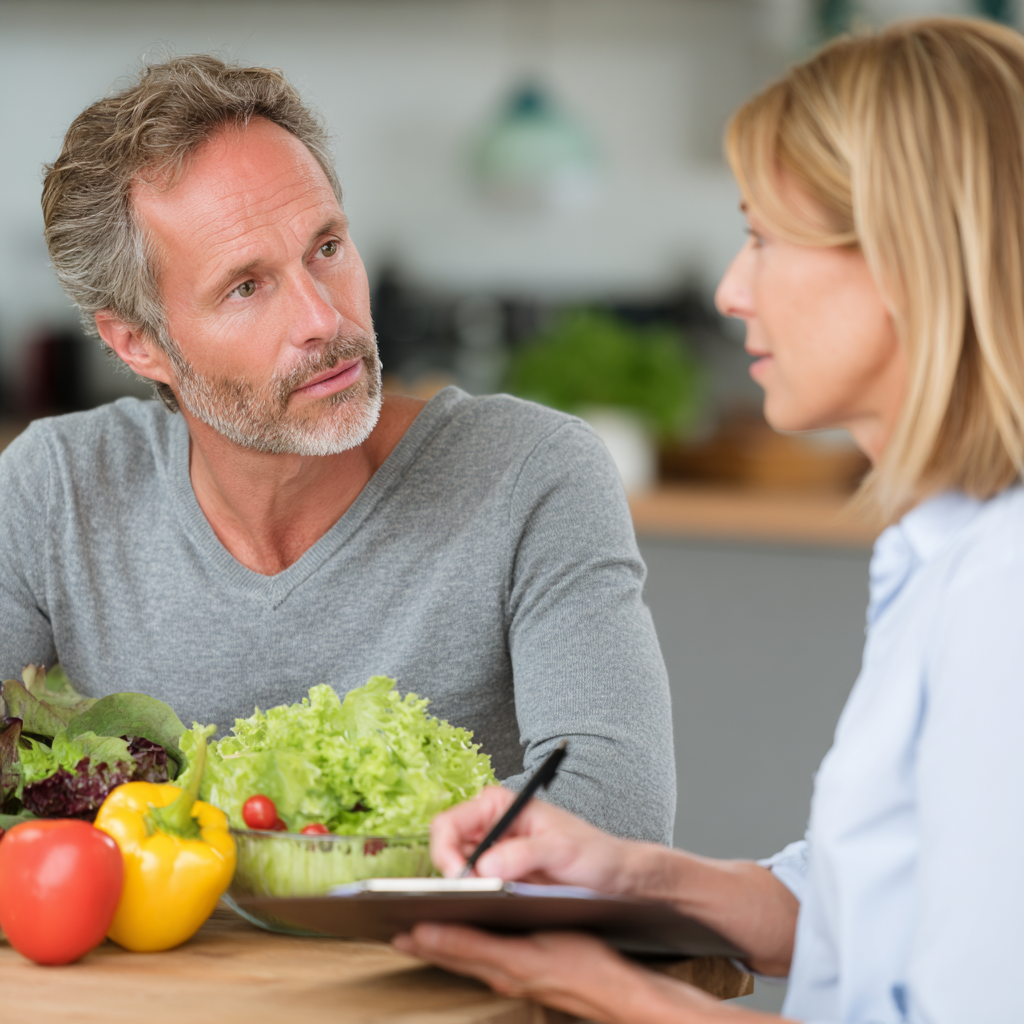 51 years old adult discussing nutrition plan with specialist