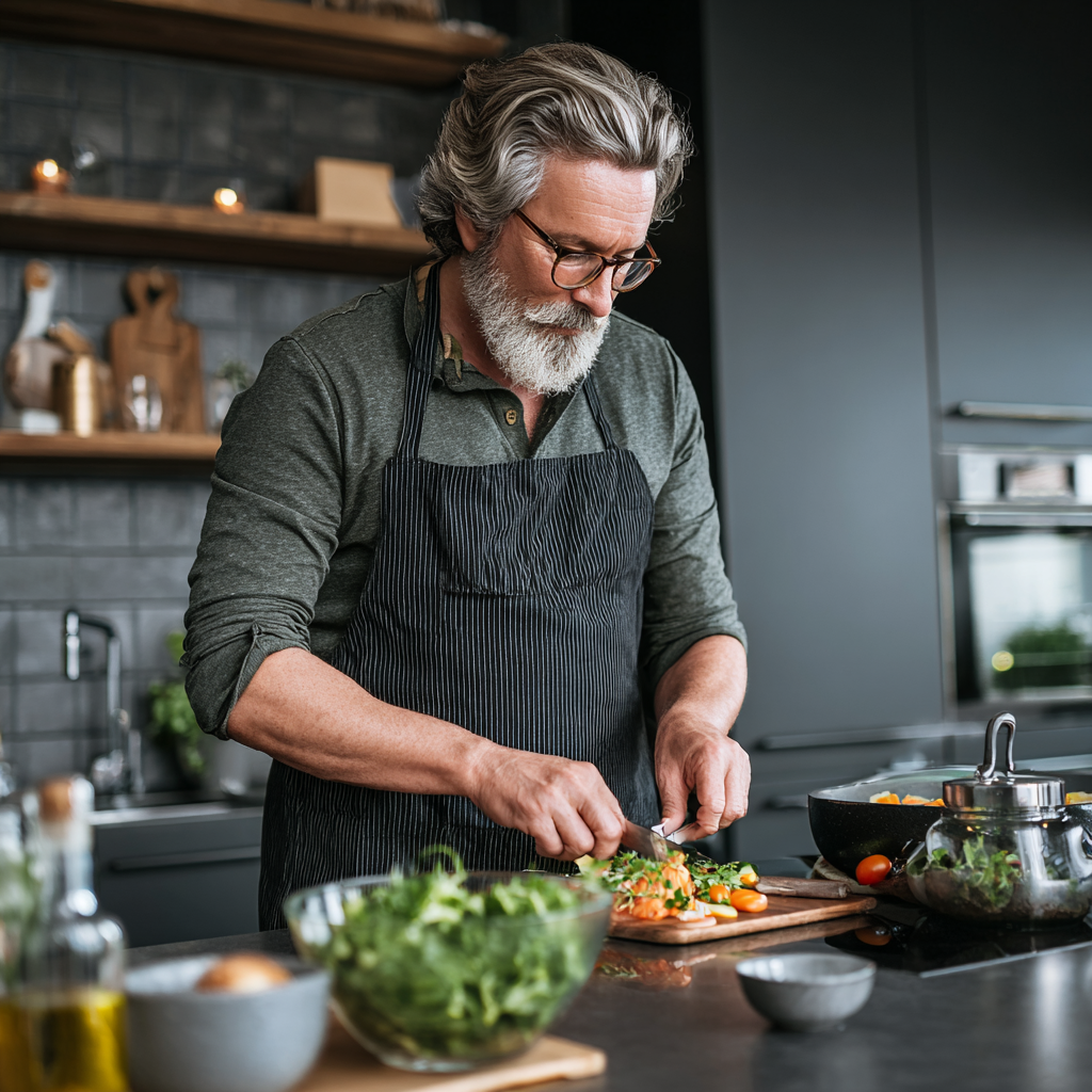 active 52 years old person preparing nutritious meal in modern kitchen